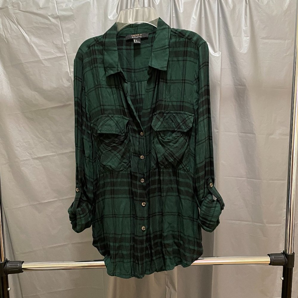Forever 21 (Contemporary) Long Plaid Shirt (Green & Black) NEW & UNWORN